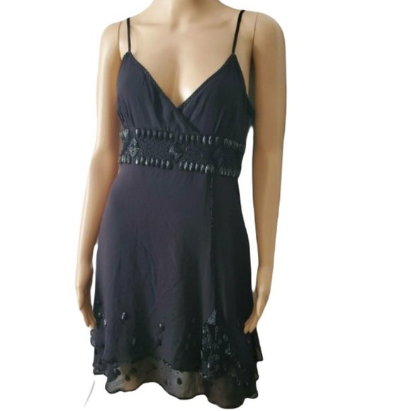 Bebe Women’s Sexy Black Beaded Mesh Surplice Cocktail Mini Dress Size Medium - Picture 4 of 16